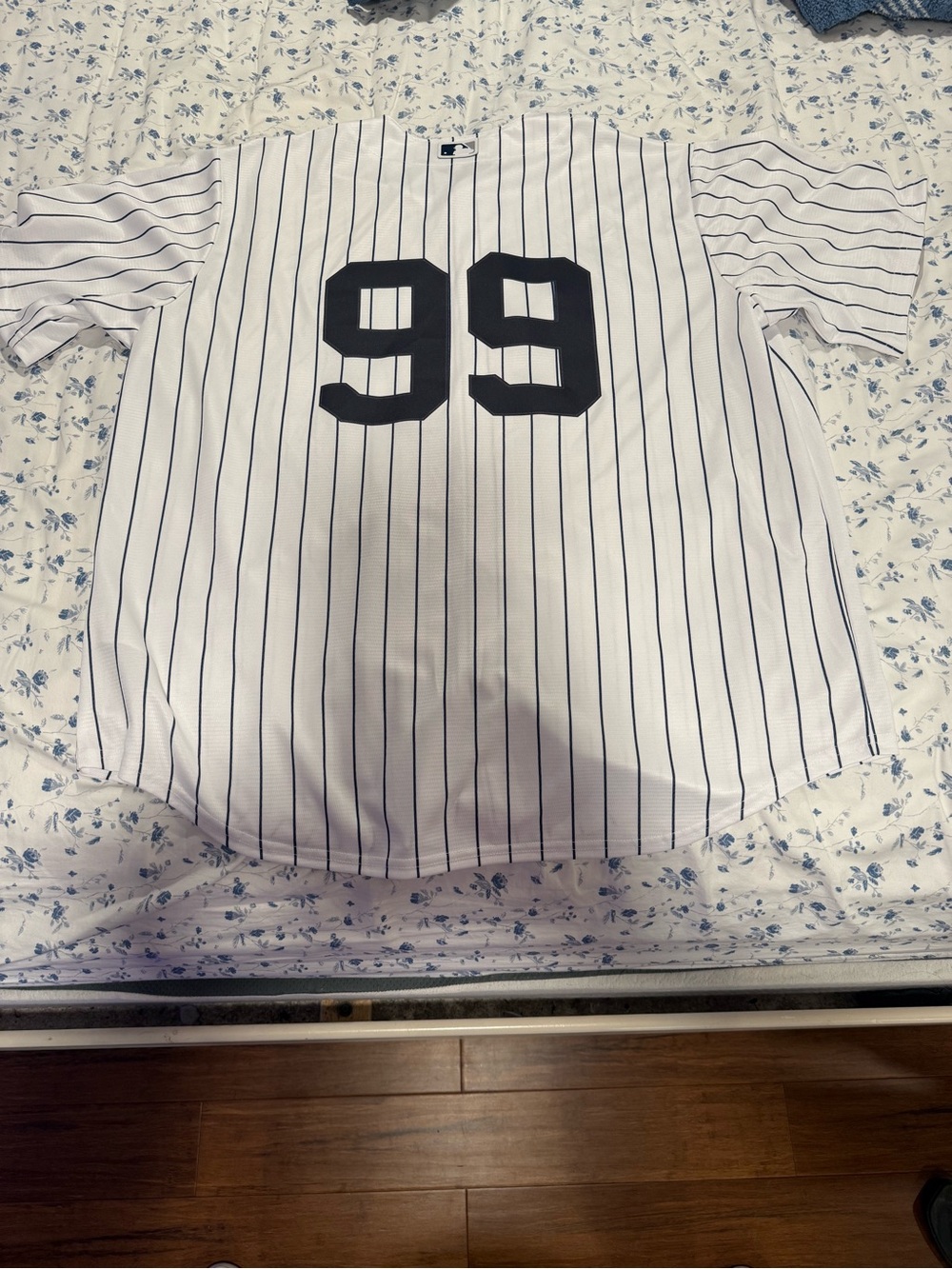 Men's Yankee White Pinstripe Baseball Jersey Top with Number 99